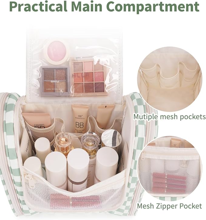 Narwey Travel Toiletry Bag for Women, Checkered Large Hanging Makeup Bag Organizer Cosmetic Make up Bags for Women, Travel Bag for Toiletries (Mint Green Checkerboard)