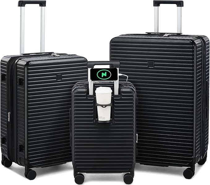 HanTrip Hard Shell Suitcases Expandable Travel Luggage Sets 3 Piece, Carry on and Check in 3 Piece Luggage Suitcase Sets with Spinner Wheels Cup Holder Charger Built in (Black, 20/24/28)