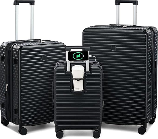 HanTrip Hard Shell Suitcases Expandable Travel Luggage Sets 3 Piece, Carry on and Check in 3 Piece Luggage Suitcase Sets with Spinner Wheels Cup Holder Charger Built in (Black, 20/24/28)