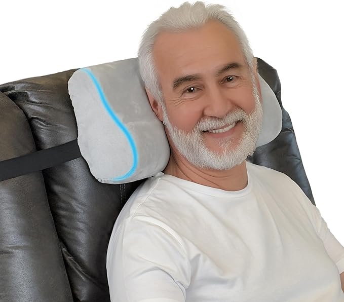 Memory Foam Headrest Pillow for Recliner – B-Shaped Neck Pillow with Stabilizer Strap, Non-Slip Backing, Soft Plush Fabric - Ultimate Neck Support and Pain Relief (Ash Gray)