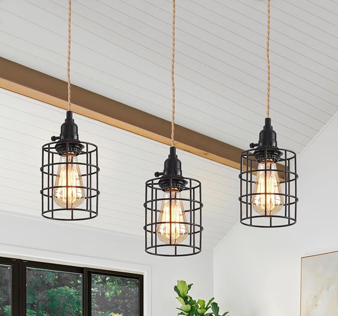 3-Light Hanging Light with Plug in Cord,Plug in Pendant Light 22ft Hemp Rope Pendant Lighting Vintage 3-Light Hanging Lamp Fixtures for Kitchen Island Living Room Bedroom