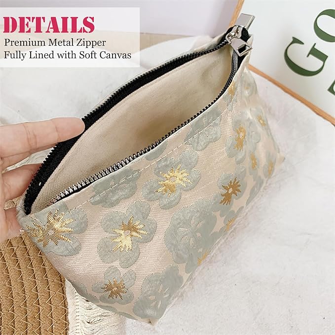 HAPPYHEIDI Small Cute Vintage Floral Makeup Bag Purse Pouch, Accessory Organizer, Metal Zipper, Aesthetic Textured Fabric, Golden Beige Medium
