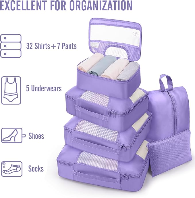 Veken 8 Set Packing Cubes for Travel Essentials, Suitcase Organizer Bags in 4 Sizes, Carry-On Luggage Accessories with Large Laundry & Hanging Toiletry Bag, Must-Have for Airplane, Road Trip & Camping