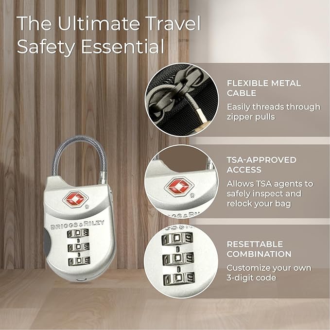 Briggs & Riley TSA Approved Cable Lock for Luggage & Suitcases - Travel Lock, 3 Digit Combination, Flexible Cable for Zippered Bags - Luggage Accessories, Olive