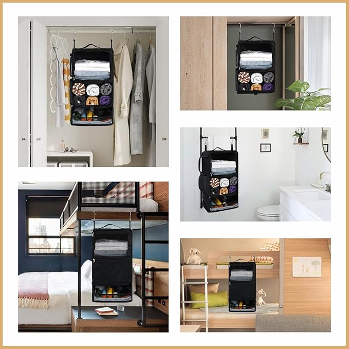 Surblue Hanging Shelves Travel Storage Bag Compression Packing Cube for Suitcase Collapsible with Extension Layer Large Capacity, Black,XL