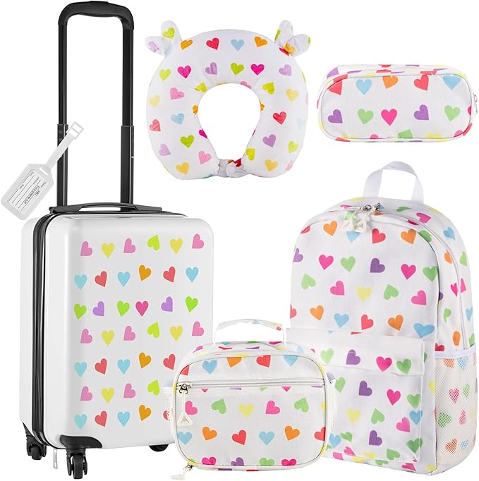 Redbaker 17 Inch 6 Pcs Kids Luggage Kids Rolling Luggage Double Pattern Suitcase for Boys Girls (White, Love Style)