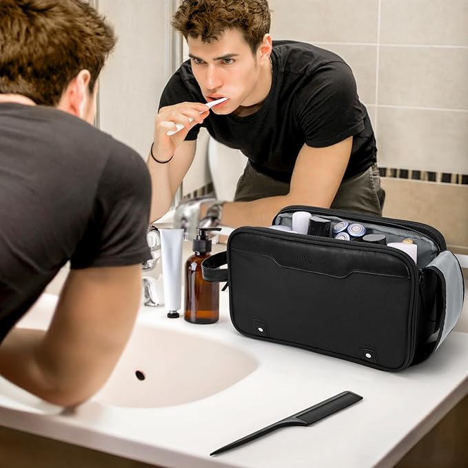 Wedama Toiletry Bag for Men, Large Hanging Travel Toiletry Bag, Extra Electronic Organizer Bag Waterproof Shaving Bag for Toiletries with PU Handle for Travel Business Trips Swim Camping, Black