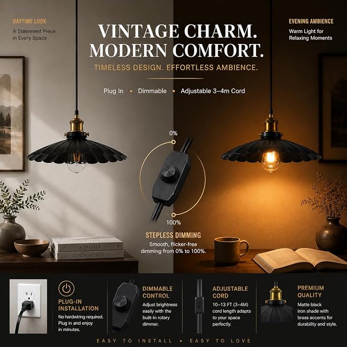 Vintage Scalloped Plug in Pendant Light, Black 13.8 Inch Farmhouse Hanging Lamp Plug in with On/Off Switch, Rustic Industrial Ceiling Light for Kitchen Island Dining Room Cafe