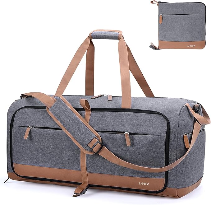 Lekesky Foldable Travel Duffel Bag for Women, 80L Large Duffle Bag with Separate Shoes Compartments & Straps, Carry On Weekend Bag for Women, Hospital, Overnight(Grey)