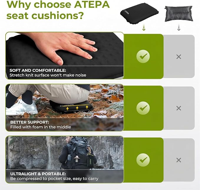 ATEPA Inflatable Seat Cushion, Self-Inflating Portable Stadium Airplane Travel Foam Cushion Pad for Camping, Sports Events, Outdoor