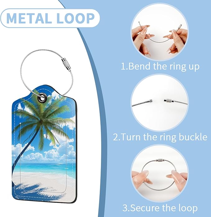 2 Pcs Luggage Tag for Suitcases, Beach Tree Cute PU Leather Suitcase Tag Privacy Cover Name ID Label with Metal Loop, Personalized Baggage Identifier for Women Cruise Bag Travel Essentials