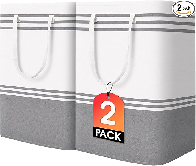 2 Pack Large Home Laundry Basket, Laundry Hamper, Freestanding Waterproof Dirty Clothes Bag, Tall Clothes Hamper - Extended & Reinforced Handles for College Dorm, Family (Light Grey/125L)