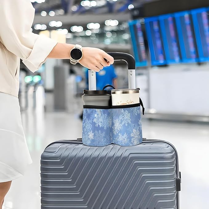 Luggage Cup Holder for Suitcases Free Hands Travel Cup Holder Portable Suitcase Cup Drink Holder Luggage Cup Caddy Bag Carrier Gradient Blue Winter Snowflakes