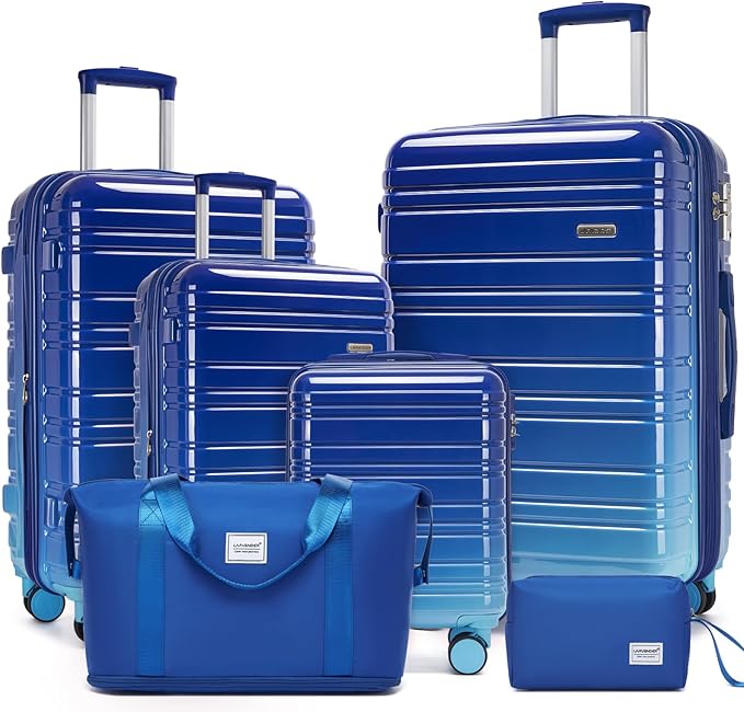 LARVENDER Luggage Sets 6 Piece Hardside Expandable Suitcase with Wheels TSA Lock Double Spinner Wheels, PC+ABS Multicolor Lightweight Travel Luggage Sets for Women, Navy Glow