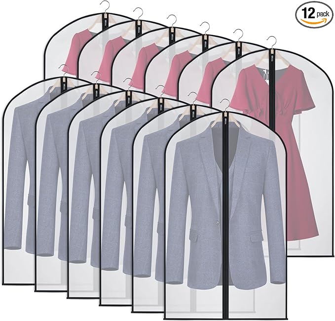 Kntiwiwo Garment Bags Clear Suit Bag for Closet Storage Hanging Clothes Dress Cover Bags (40"12pcs-Black Edges)
