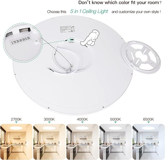 19 Inch Dimmable Large Flush Mount Ceiling Light Fixture, 4200LM | 36W 2700K/3000K/4000K/5000K/6500K Selectable Round Flat Panel Light, 0.67" Ultra Thin LED Ceiling Lamp for Living Room, White