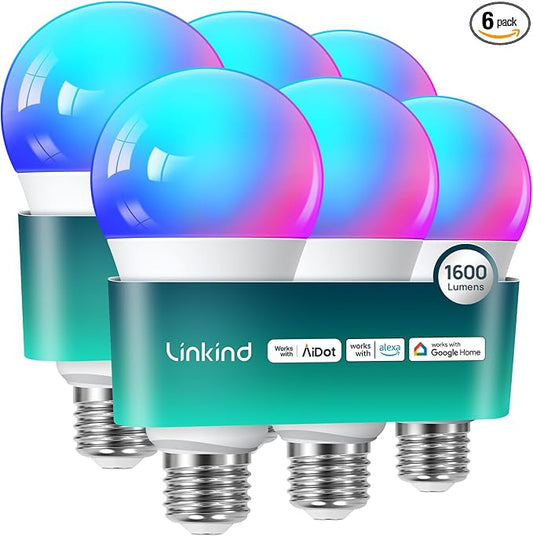 Linkind A21 Smart Light Bulbs, Compatible with Alexa/Google Home, 6 Pack | 1600LM Smart Bulb, 100W Equivalent 14W, E26 RGBTW Color Changing Bulb with Music Sync, 2.4GHz Wi-Fi & Bluetooth