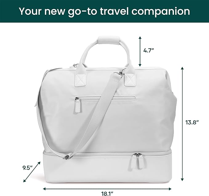 NOBL Travel Weekender Bag for Women & Men, Large Duffel Carry-On Tote with Trolley Sleeve, Separate Shoe Compartment & Laptop Pocket, Leather Overnight Bag for Airplane, Gym, Road Trips - Ivory
