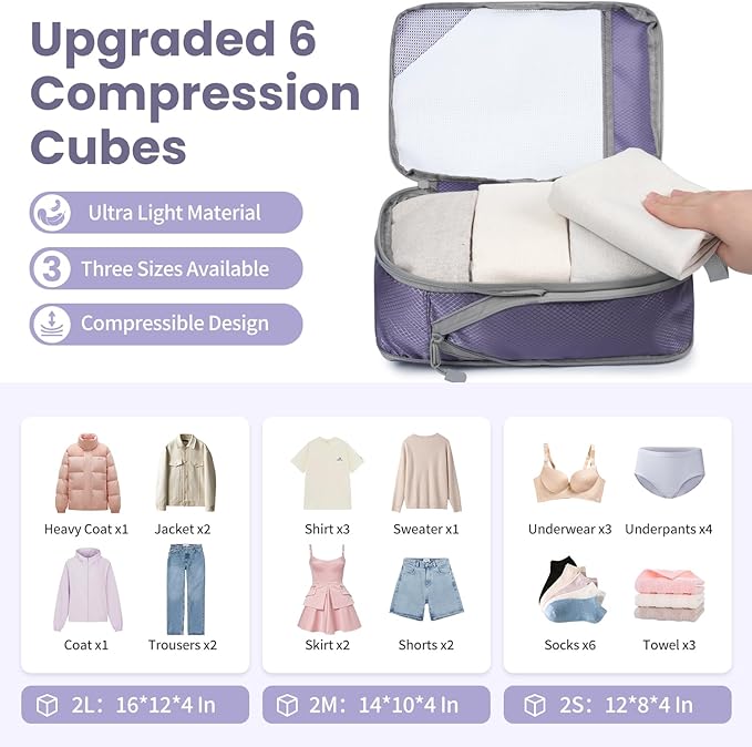 Compression Packing Cubes for Travel, Lightweight Vacation Travel Essentials, Travel Accessories for Suitcase Organizer Bags Set, Durable Luggage Organizer