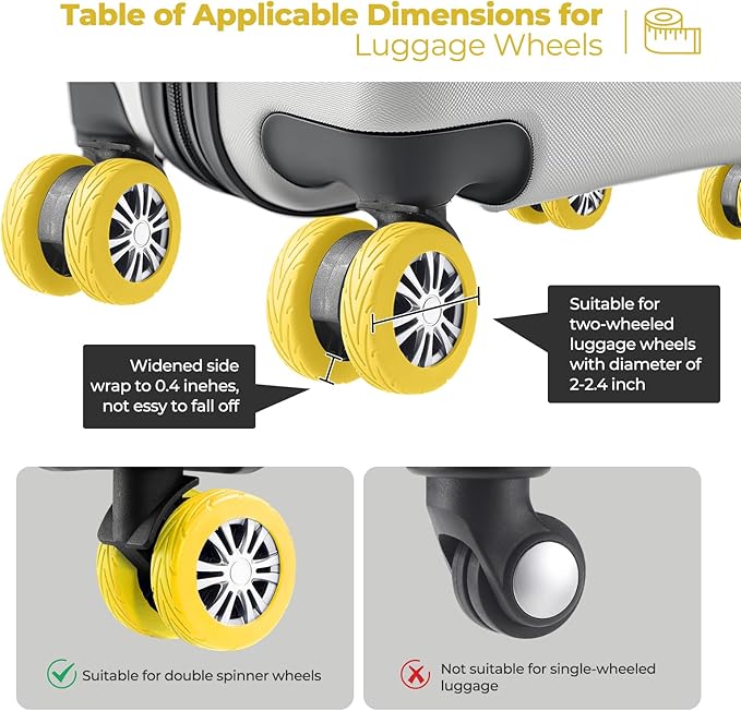 8 Pcs Upgrade Luggage Wheel Covers, Carry On Luggage Suitcases,Wear-Resistant, Anti-Noise, Silicone Wheel Protective Covers for 2-2.4" Spinner Wheel,Essential Travel Accessories (Yellow)