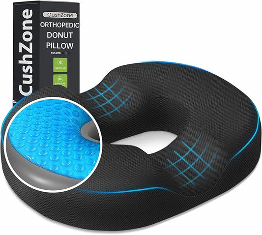 Donut Pillow Seat Cushion - Cooling Gel Outdoor Chair Cushions, Memory Foam Seat Cushion for Office & Home, Car Seat and Patio Furniture Cushions, Hemorrhoids Pillow and Tailbone Pain Relief, Black