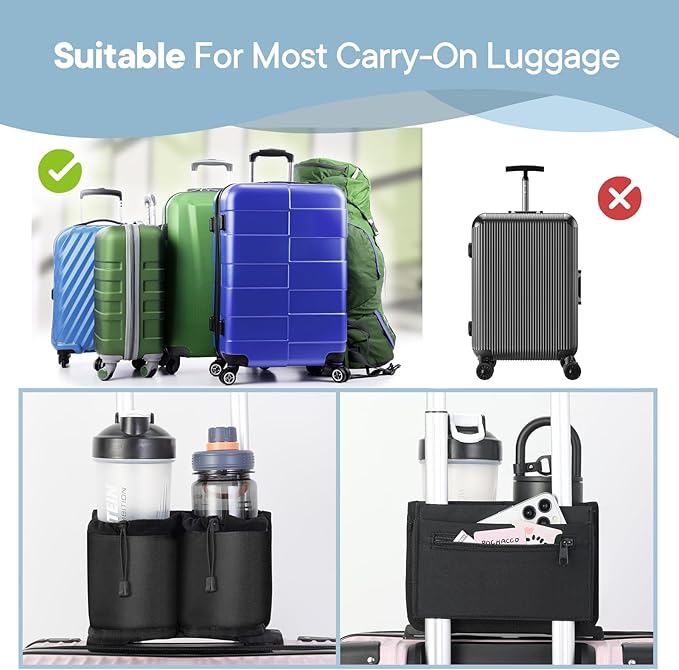 Extra Luggage Cup Holder Free Hand Drink Caddy for Suitcases to Travel and Business Trip,Travel Must Haves Men Women,Holds Two Coffee Cups,Passport,Flight Attendant Essential Organizer-Black