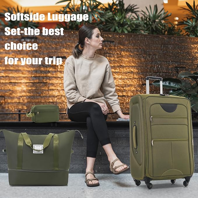 Luggage Sets Softside Expandable 3 Piece Set Lightweight Suitcase with Duffel Bag Upright Spinner Softshell, TSA Lock Carry On for Business for Family Travel (Army Green, 22"/26"/30")