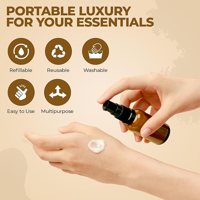 Empty Refillable Glass Amber Pump Bottle Ideal for Lotion Cream Essential Oil Travel Small Container - 2 Pack (50ml)