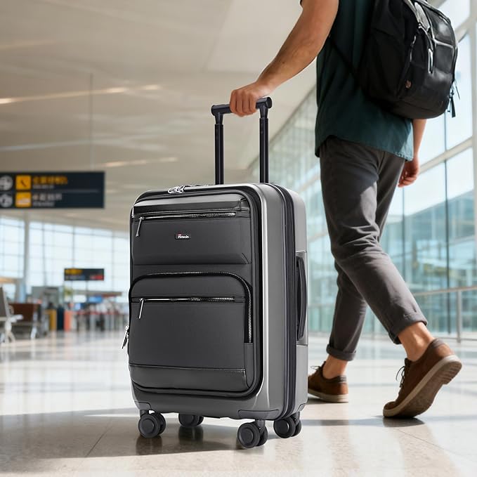 Luggage Sets 2 Piece, Carry On Luggage with Front Pocket & USB Port and 28 Inch Expandable Checked Luggage, Hybrid Soft Front & Hard Shell Suitcases with Spinner Wheels & TSA Lock, Grey