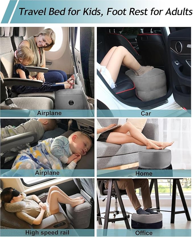 JefDiee Inflatable Foot Rest Pillow, Kids Airplane Bed, Adjustable 3 Layers Height Leg Rest Pillow, Airplane Travel Essentials Great for Office, Home, Trains, Cars