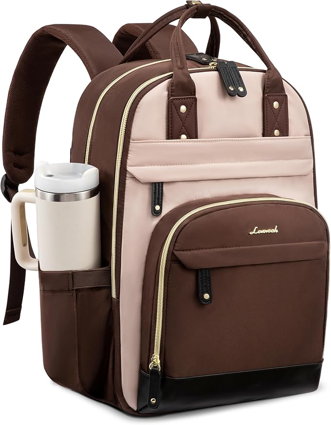 LOVEVOOK Laptop Backpack for Women with Giant Tumbler Holder,15.6 inch School College Book Bag Nurse Teacher Backpack,Waterproof Work Travel Backpack Purse Laptop Computer Bag,Coffee-Milk tea-Coffee