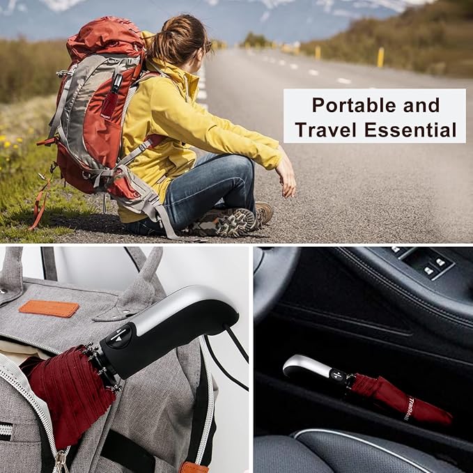 TradMall Travel Umbrella Windproof with 46 Inches Large Canopy 10 Reinforced Fiberglass Ribs Ergonomic Handle Auto Open & Close, Red