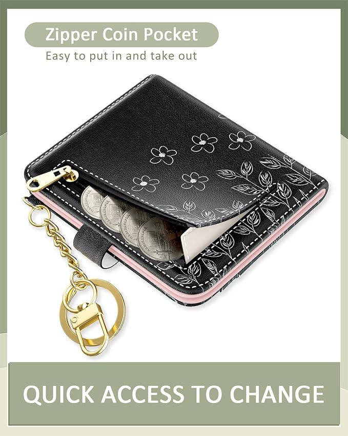 Aiawoxc Womens Wallet, RFID Small Wallets for Women, Slim Compact Credit Card Holder, Cute Leather Bifold Ladies Purse with Zipper Coin Pocket and ID Window, Pinwheel Flowers