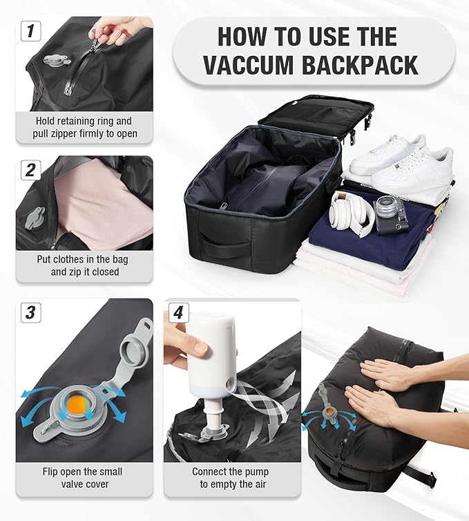 VECAVE Vacuum Travel Backpack with Pump for Women, Personal Item Carry on Backpacks Flight Approved for Men,Laptop Waterproof Work Compression bags Casual Daypack Black..