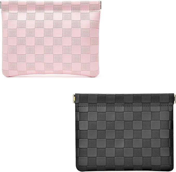 Leather Pocket Cosmetic Bag for Purse,Coin Purse Lipstick Cosmetic Accessories Organizer, Travel Kit Storage Pouch,Waterproof Portable No Zipper Self-closing (Black+Pink)