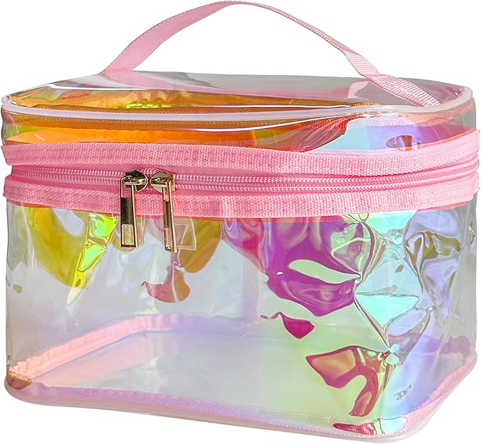 Waterproof Holographic Red PVC Makeup Bag with Handle - 8.66 * 5.51 * 5.51 inch Travel Cosmetic Organizer for Women Men Toiletry Pouch (Holographic Red-L)