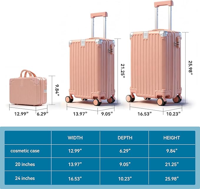 Carry On Luggage with Spinner Wheels,PC Hard Shell Suitcase with USB Port,Lightweight Travel Luggage Airline Approved for Men Women,Nude pink,3-Piece Set (14/20/24)