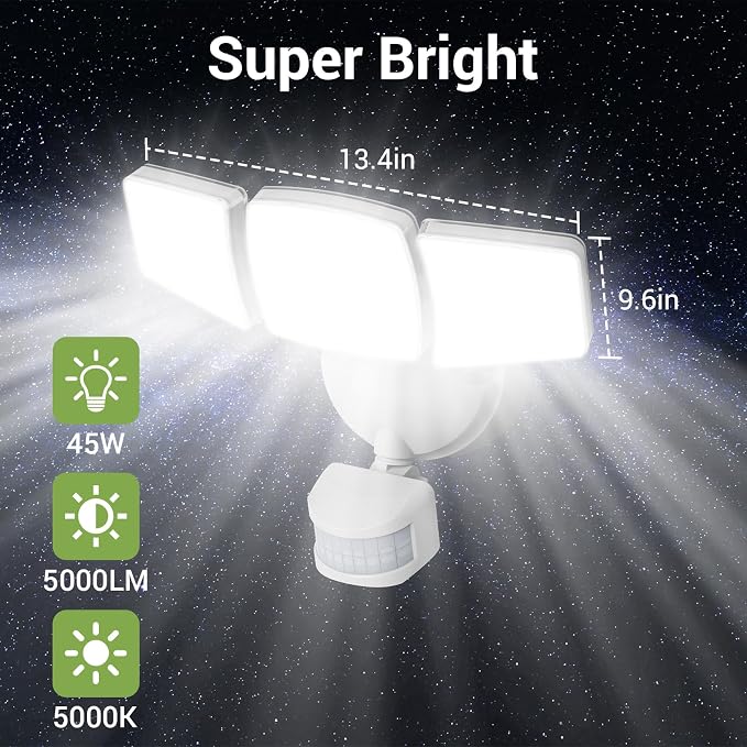 D2D Security Lights Motion Sensor Outdoor LED Flood Lights Remote 45W 5000K | NOVOSTELLA 2Pack Outside Motion Floodlights IP65 Waterproof Dusk to Dawn 3 Heads Wired Wall Adjustable for Garage Yard House