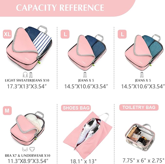 Gonex Compression Packing Cubes, 6pcs Expandable Storage Travel Luggage Bags Organizers with Shoe Bag, Clear Toiletry Bag (Pink)