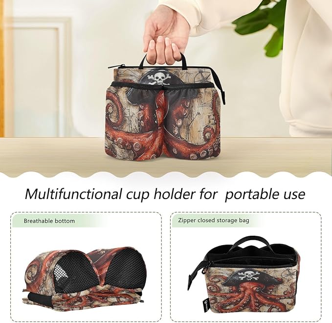 Octopus Pirate and Compass Luggage Cup Holder Travel Portable Free Hand Drink Carrier Suitcase Drinks Beverage Holder Carry-On Bottle Mug Holder Organizer Bag Travelers Accessories