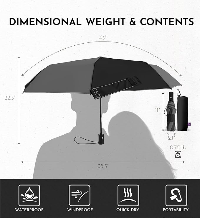 Windproof Travel Umbrella for Rain - 43" Auto Open Close 8-Rib Compact, Stylish Two-Tone Color Block Design, Easy-Close Folding Portable Parasol for Men & Women