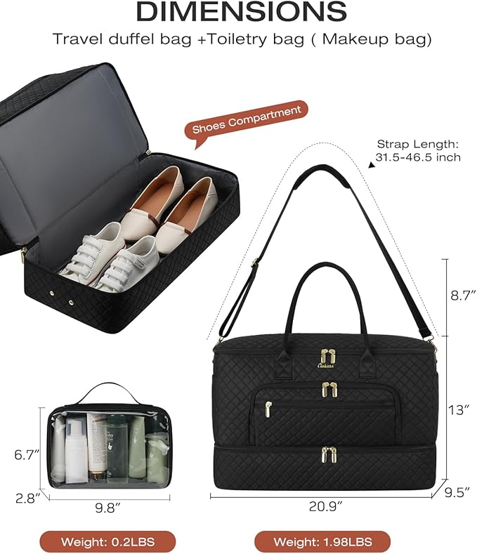 Travel Duffle Bag, Wide Open Large Weekender Bag for Women with Shoe Compartment, Carry on Overnight Bags with Toiletry Bag, Hospital Bag for Women Labor Delivery with Wet Pocket (Black)