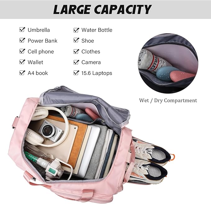 Eslcorri Gym Duffle Bag for Women Men, Sports Backpack with Wet & Shoe Compartment, Fitness Overnight Weekender Bag for Yoga, Swim, Travel (Style B, DarkPink)