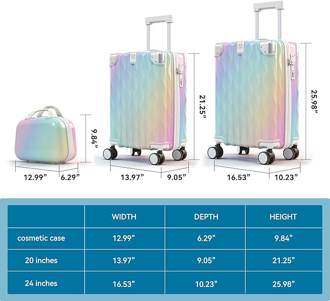 Carry On Luggage with Spinner Wheels,PC Hard Shell Suitcase with USB Port,Lightweight Travel Luggage Airline Approved for Men Women,Colorful,3-Piece Set (14/20/24)