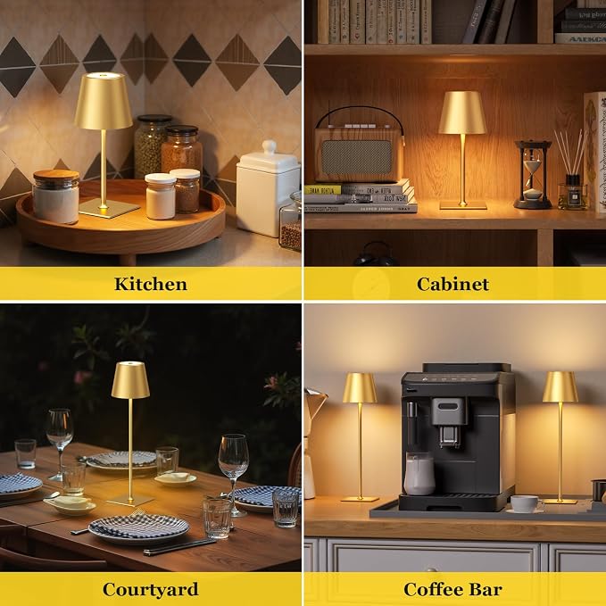 Kakanuo Gold Cordless Rechargeable Table Lamp 5000mAh Battery Operated Lamps, 3 Colors Stepless Dimming Touch Lamp for Living Room, Kitchen Counter, Dining, Outdoor Patio, 2 Pack