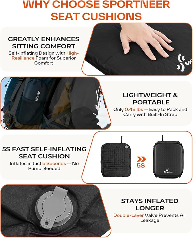 Sportneer Inflatable Seat Cushion: Self-Inflating 2" High Rebound Foam Cushion for Airplane Bleacher Stadium and Outdoor Events – 0.48lbs Lightweight & Easy to Carry for Sports Fans, 2 Pack