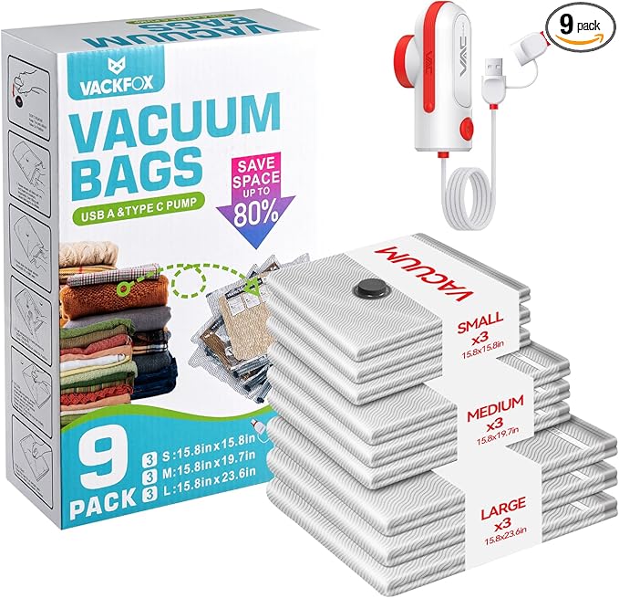 Travel Vacuum Bags with USB and TYPE C Pump Pump,9 Pack Vacuum Storage Bags,vacuum for bags storage, Powerful -58KPa Suction for Luggage,Travel and Home Use for Clothes and Blankets（Red）