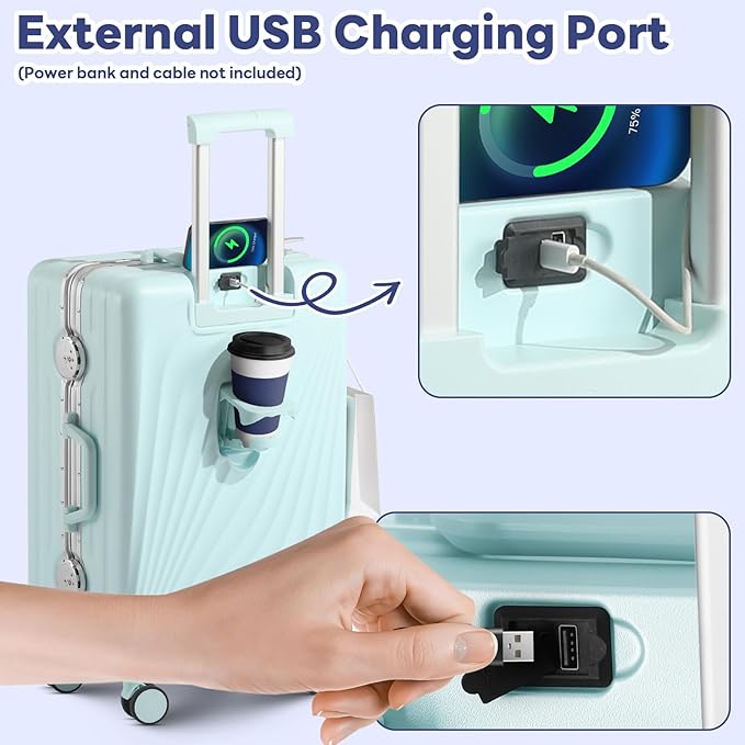 20 Inch Carry On Luggage, Zipperless Luggage with Spinner Wheels, Airline Approved Suitcase with Cup Holder, TSA Lock and USB Charger for Travel, Mint Green