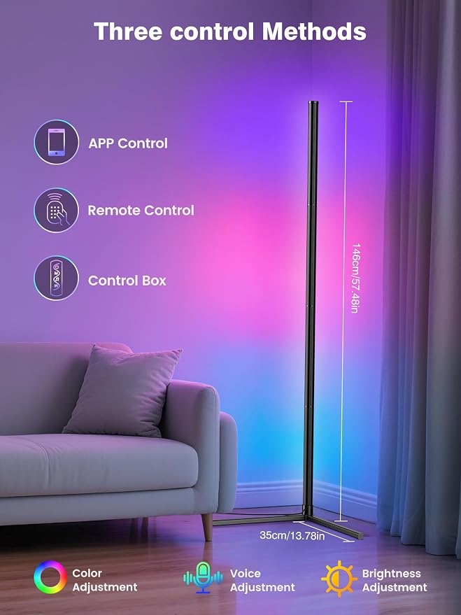 RIYO LED Corner Floor Lamp App Remote Control Music Sync Ambient Lamp | 16 Million Colors, 68+ Scene Modes, Ambient Lighting for Living Room, Bedroom, and Gaming Room