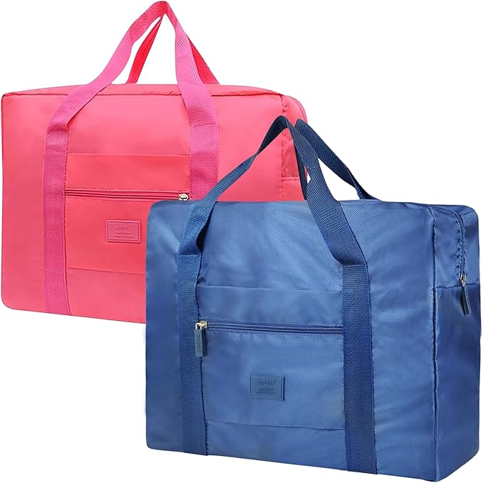Travel Duffel Bag 2 PCS Carry on Luggage Bag Foldable Travel Tote Bag Waterproof Sports Gym Bag Lightweight Large Weekender Overnight Bag for Women and Men (Blue+Red)